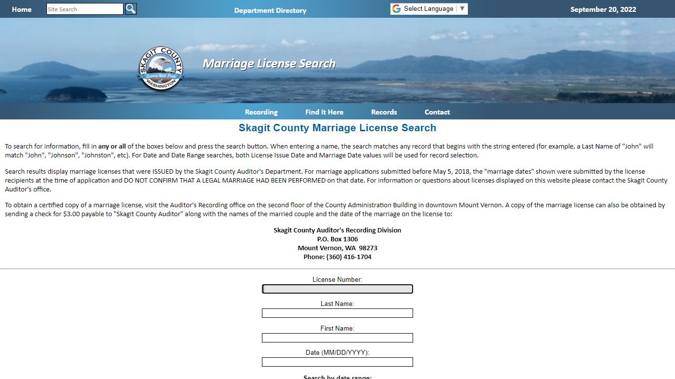 Marriage License Search - Skagit County, Washington